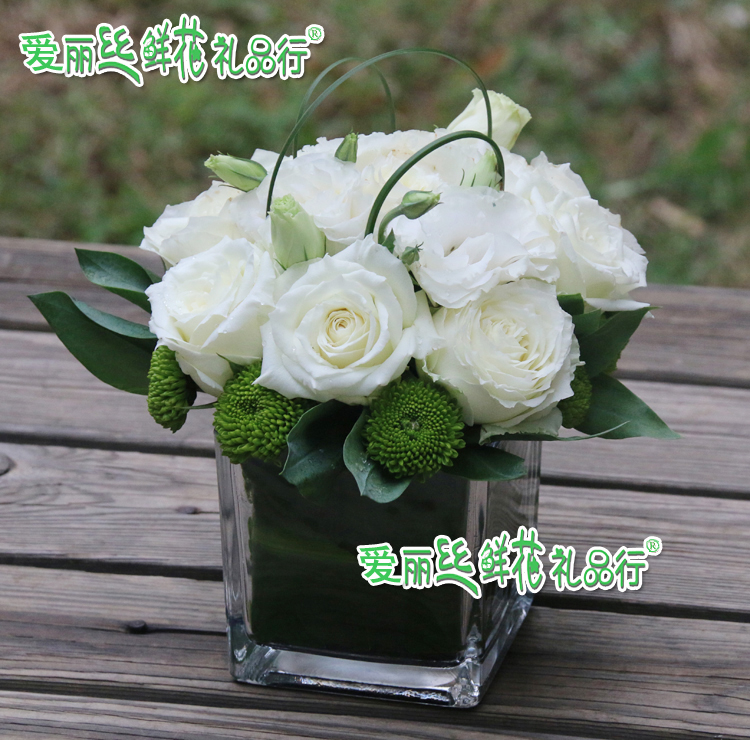 会议小台花礼仪鲜花小桌花方形玻璃花瓶插花西餐宴会北京花店送花