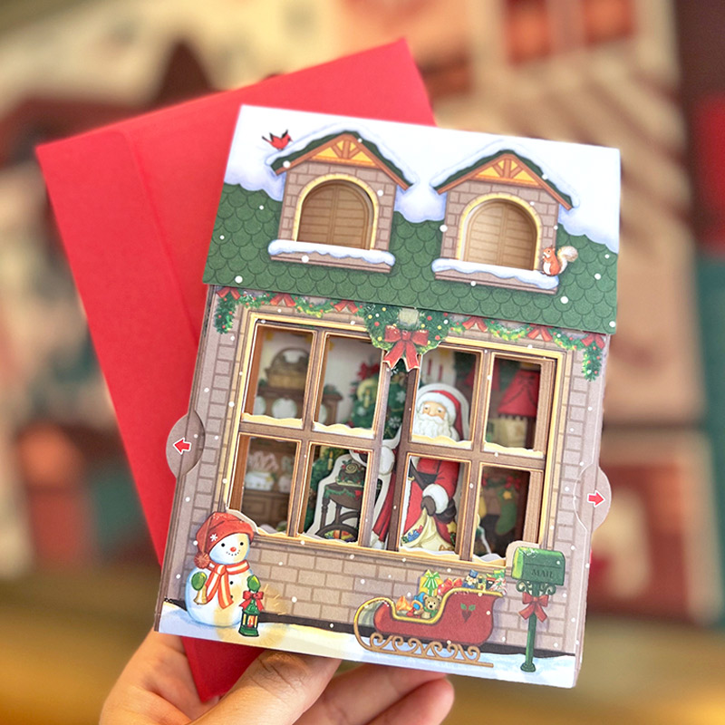 日本授权新款复古圣诞老人屋子冬季限定立体抽拉祝福温馨贺卡片