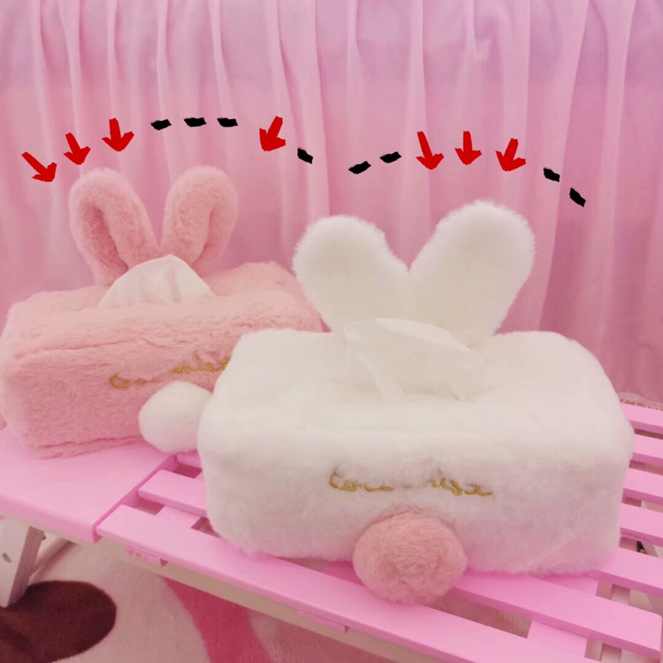 【68包邮】少女心 毛毛球兔耳朵纸巾抽套 卧室装饰抽纸盒 2个尺寸