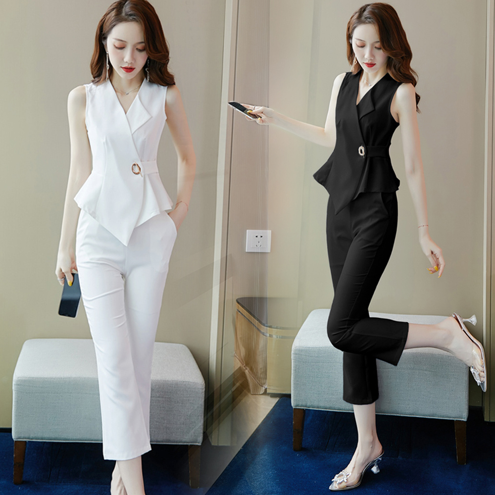 无袖西装高腰直筒九分裤韩版职业气质时尚两件套装女夏季新款2024