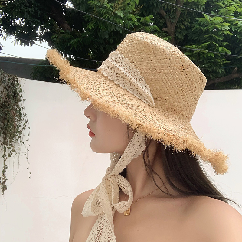 蕾丝拉菲编织平顶草帽子夏季日系毛边防晒海边沙滩花边太阳遮阳帽