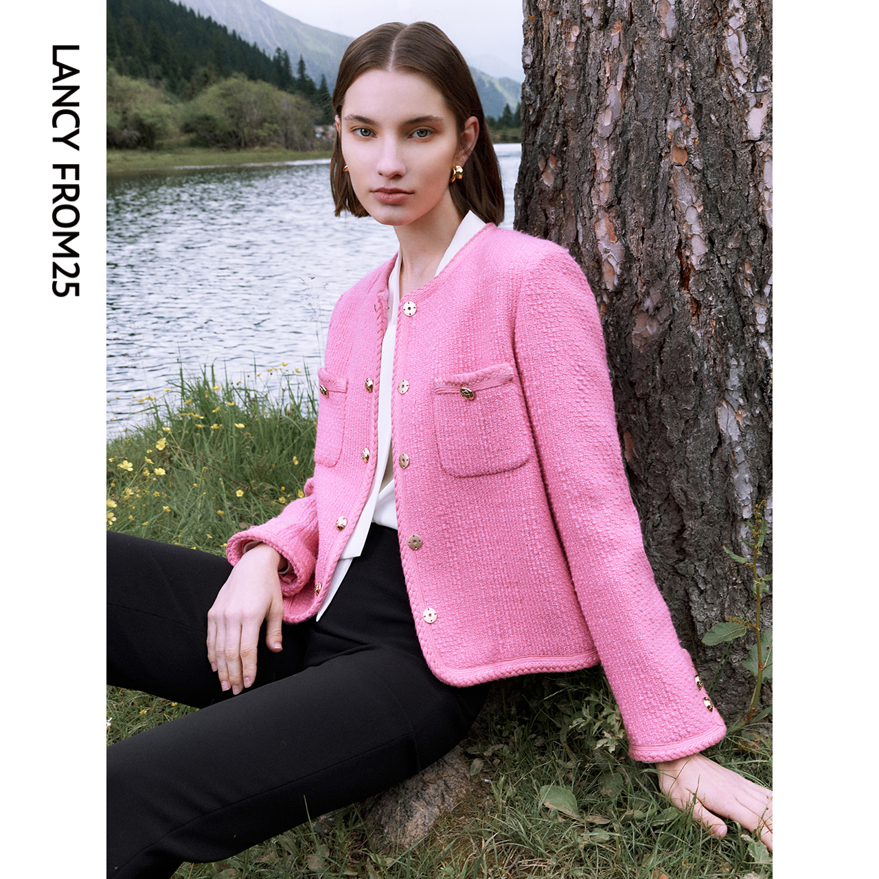 朗姿羊毛法式粉色小香风复古短款冬季女士外套穿搭新款高级感上衣
