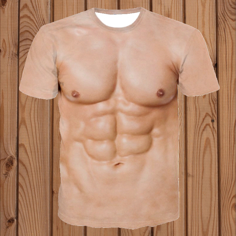创意搞笑肌肉男t恤3D纹身衣服立体图案个性假68块腹胸肌短袖t恤潮