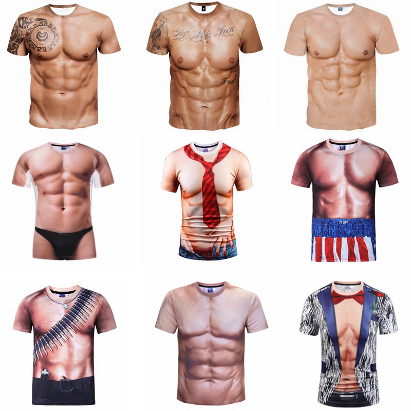 创意搞笑纹身肌肉短袖潮男t恤3D立体个性假腹肌胸肌年会表演衣服