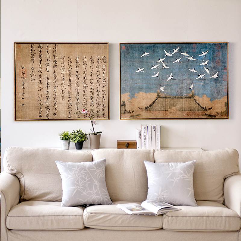 古风新中式沙发背景墙壁画横版客厅装饰画日式字画挂画赵佶瑞鹤图