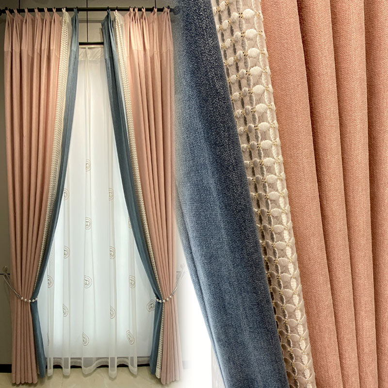 2021款简约现代轻奢优雅大气风格窗帘卧室少女蓝粉拼色遮光窗帘布