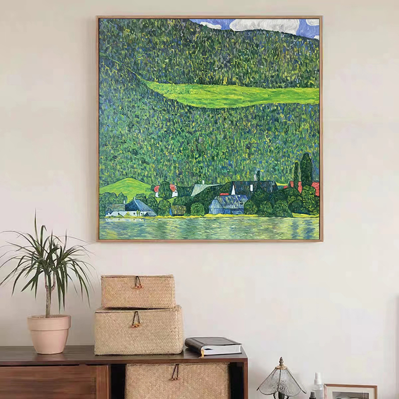 鲨鱼纯手绘克里姆特《阿特湖风景》油画风景绿色调客厅卧室装饰画