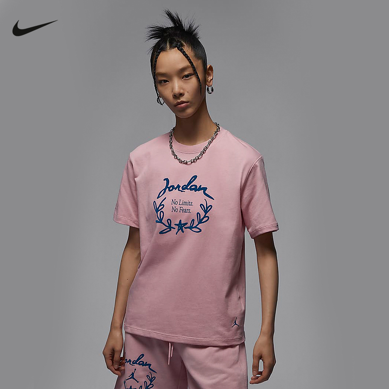 JORDAN耐克女子针织印花短袖夏季运动圆领透气粉色T恤FN5755-607