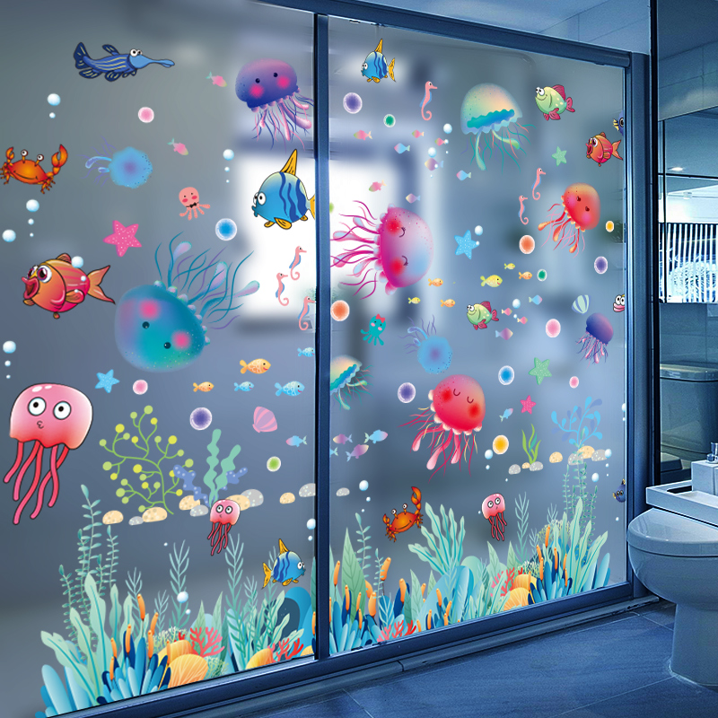 幼儿园环创卫生间玻璃贴纸浴室贴画卡通3D立体海洋风鱼小图案装饰