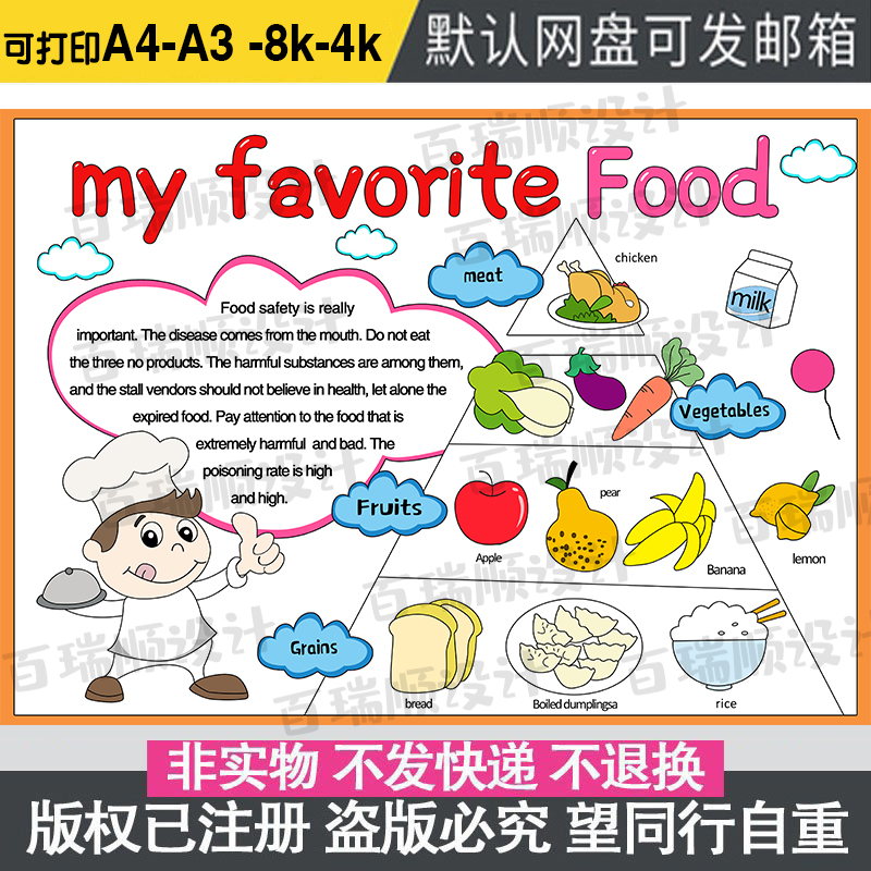 饮食英语食物food思维导图手抄报模板英语FOOD电子版小报儿童绘画