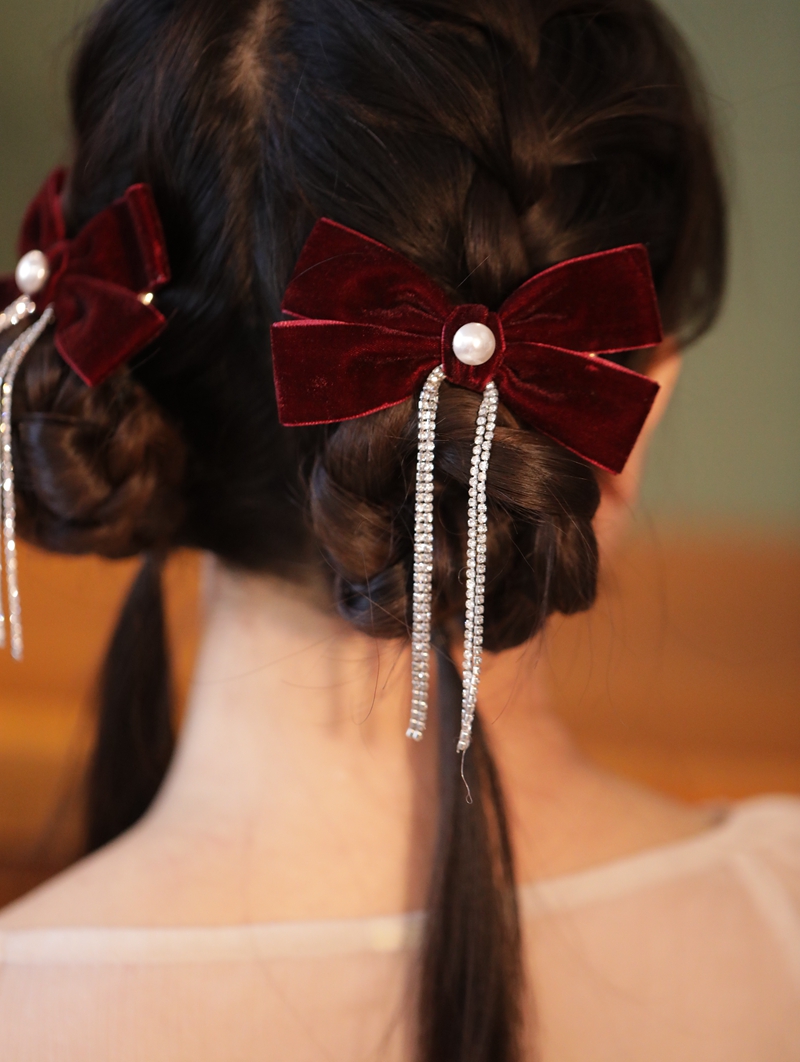 新年红色蝴蝶结流苏发夹 双丸子头发型对夹仙女水钻流苏边夹头饰