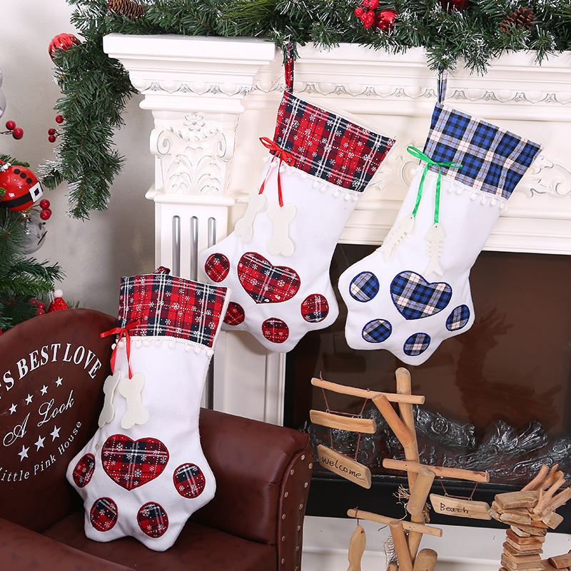 创意狗爪圣诞袜礼品袋格子圣诞袋圣诞糖果袋挂饰logo跨境货源