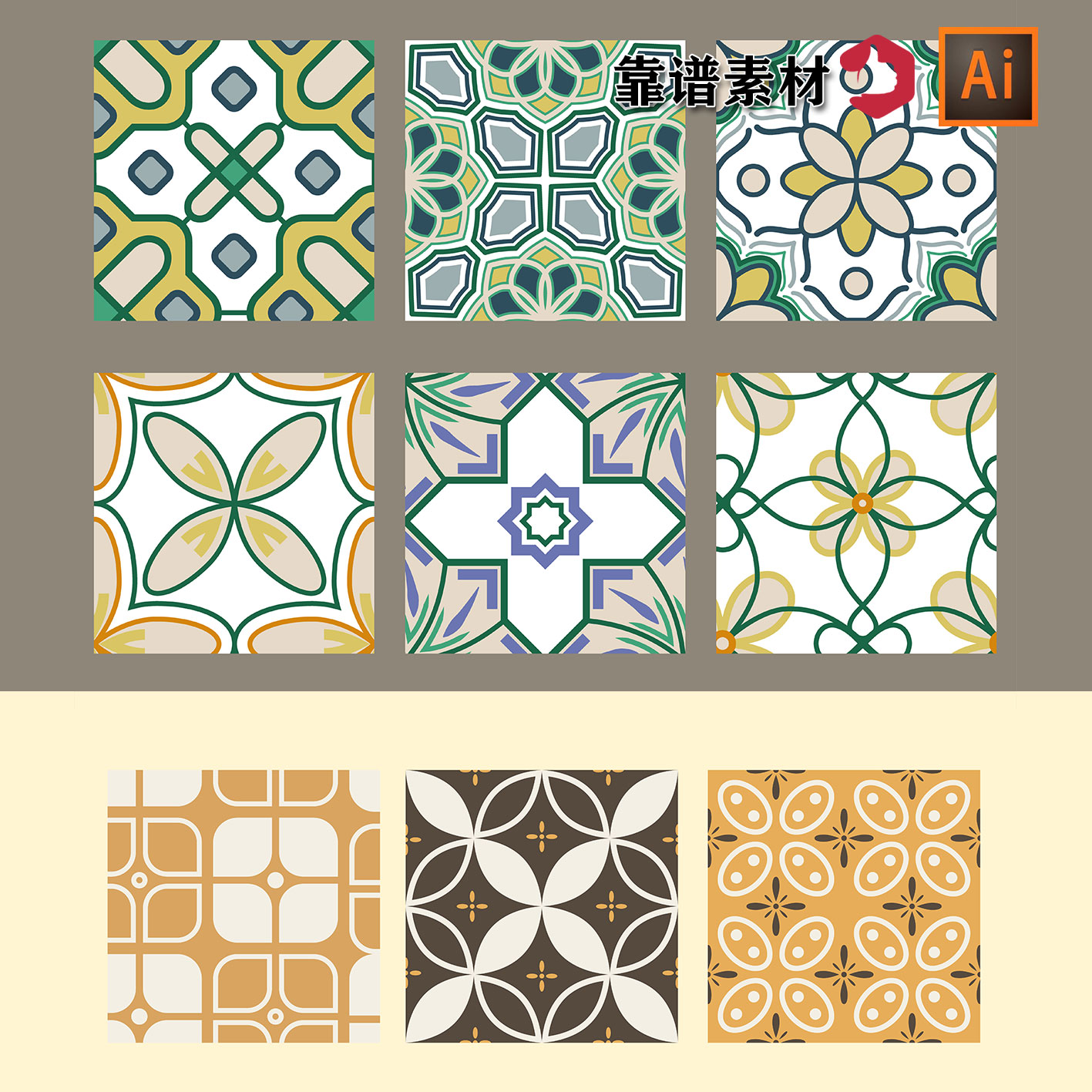 传统复古几何抽象线条格子地砖无缝拼接印花图案AI矢量设计素材