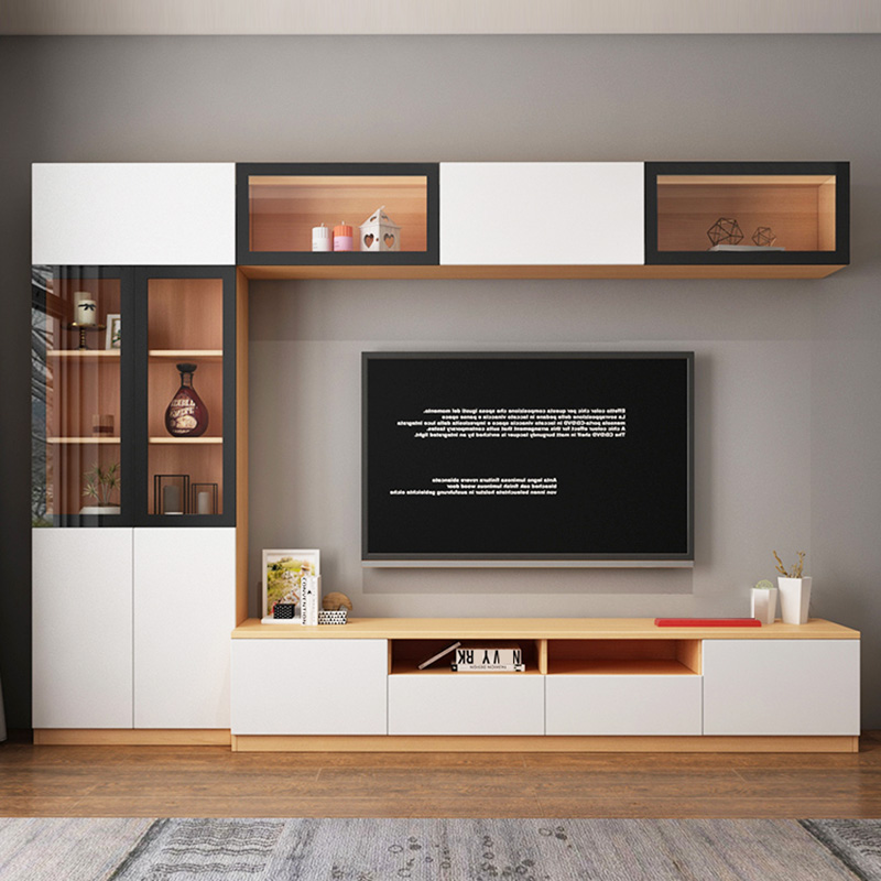 现代简约客厅轻奢电视柜书柜吊柜一体组合靠墙整体背景墙柜子定制