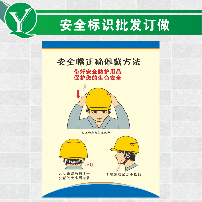 必须要戴安全帽施工工地安全警示标志牌 安全帽正确佩戴方法示意