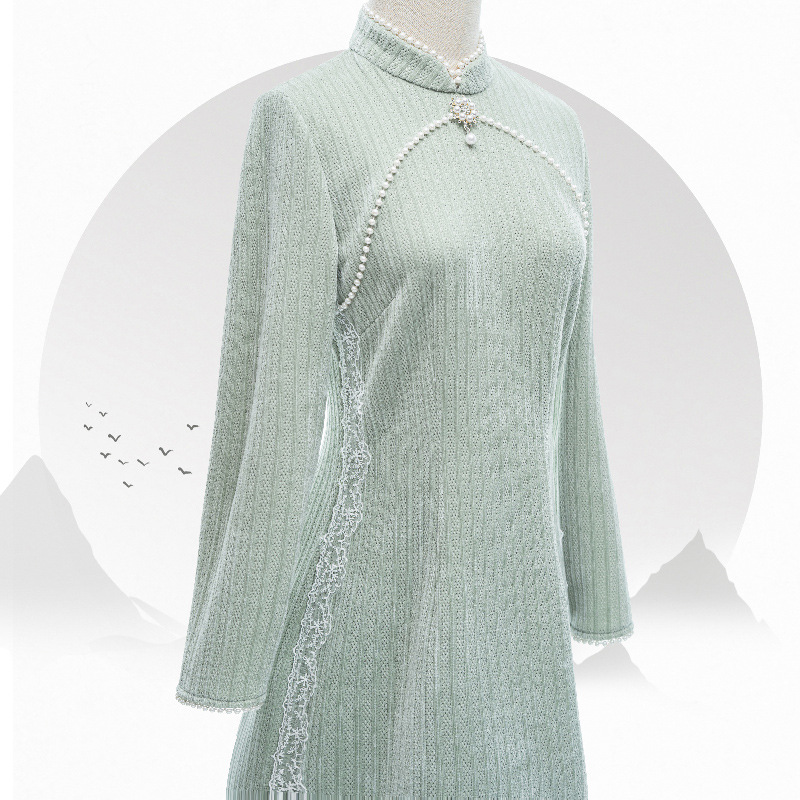 中式旗袍女冬季绿色长袖复古加厚雪尼尔改良版连衣裙中长款