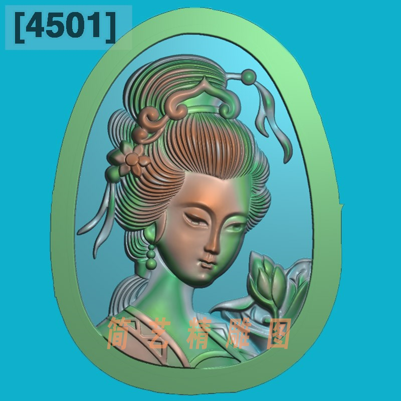 4501新椭圆古代美女头像精雕图玉雕仕女美女电脑雕刻浮雕图灰度图