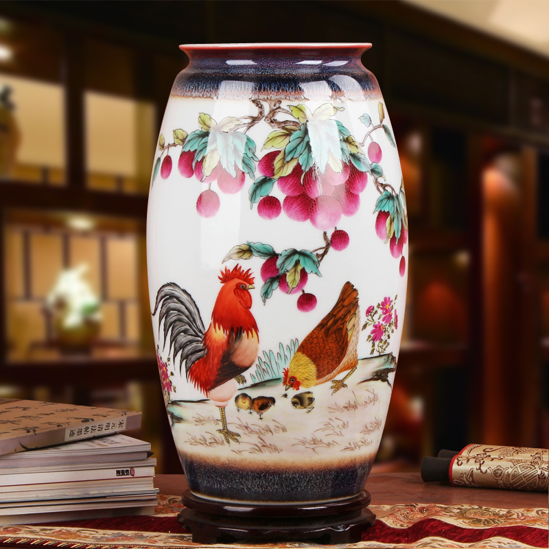 夏国安作品 景德镇陶瓷器花瓶 手绘粉彩颜色釉鸡大吉大利花瓶摆件