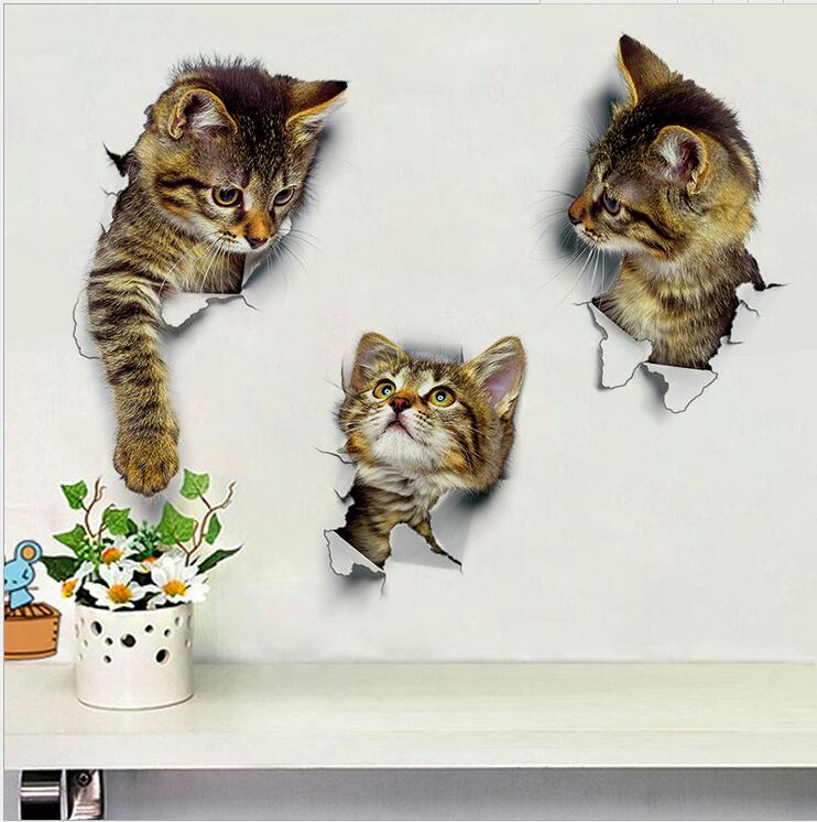 可爱3d猫咪墙贴纸画萌萌卡通动物儿童房卧室衣柜门马桶盖背景装饰