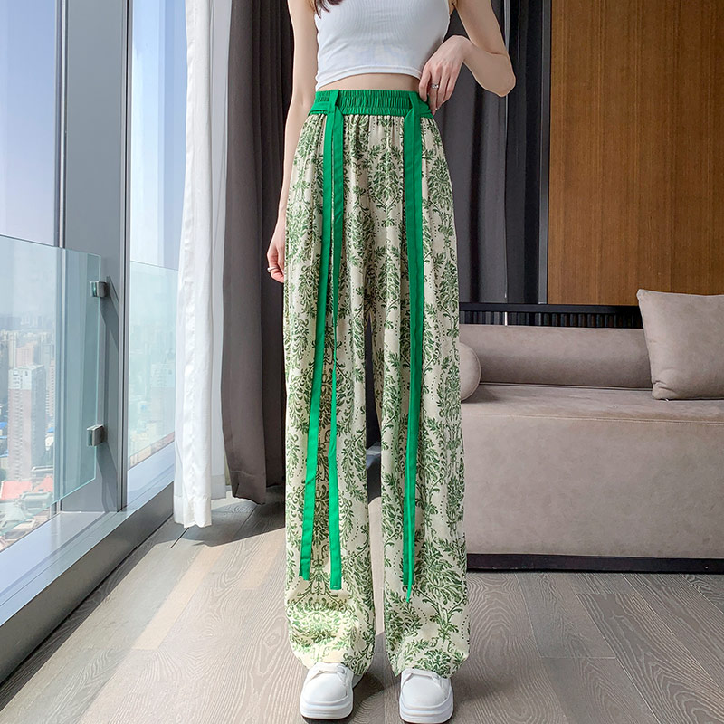 绿色雪纺度假风复古花裤子潮飘带设计感高腰阔腿女裤2023今年流行