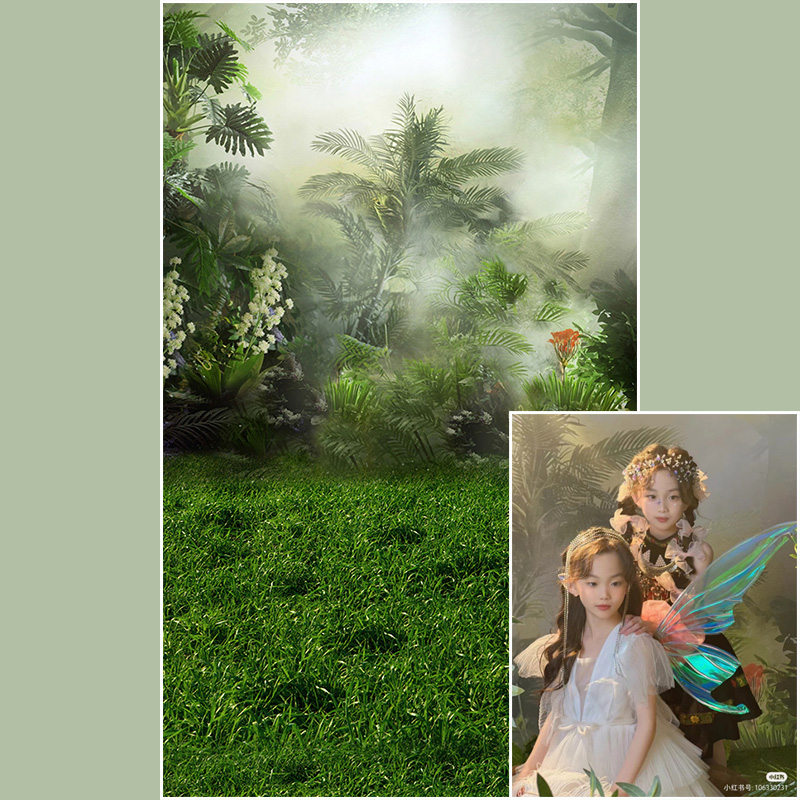 儿童影棚精灵油画森林背景直播热带植叶梦幻春天森林写真喷绘布