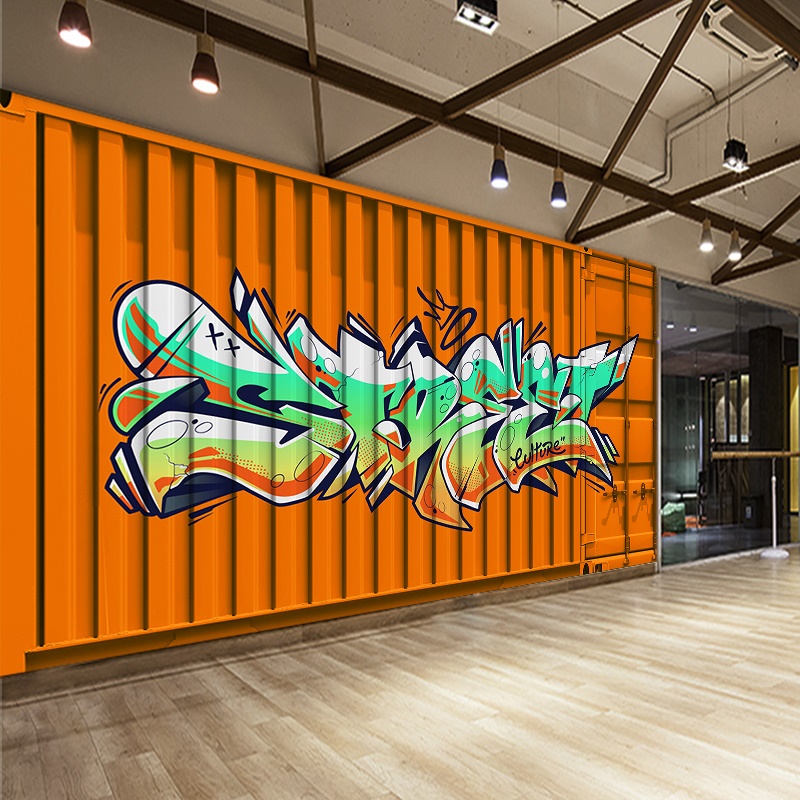 欧美涂鸦铁皮集装箱墙纸个性嘻哈工业风健身房舞蹈室街舞教室壁纸