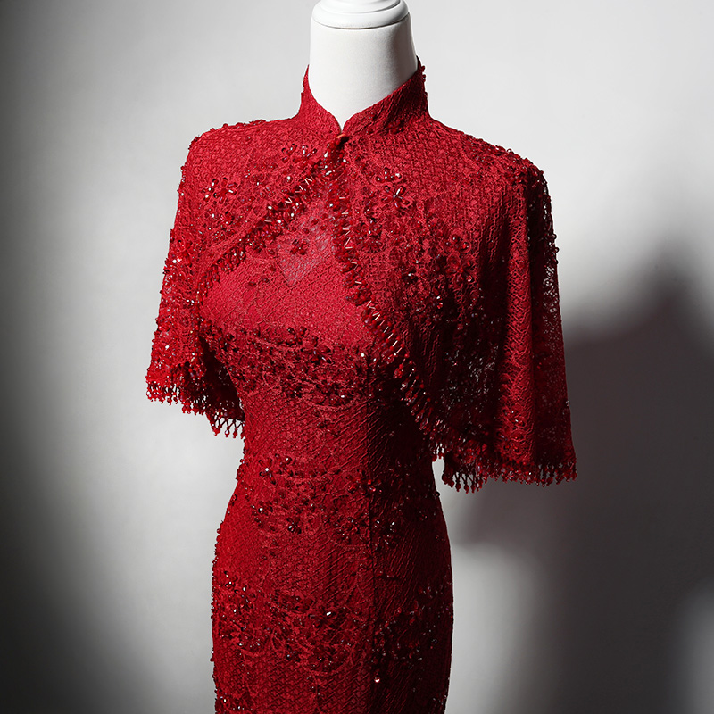 纯重手工钉珠中式披肩两件套华丽经典显瘦暗大红短袖蕾丝鱼尾旗袍