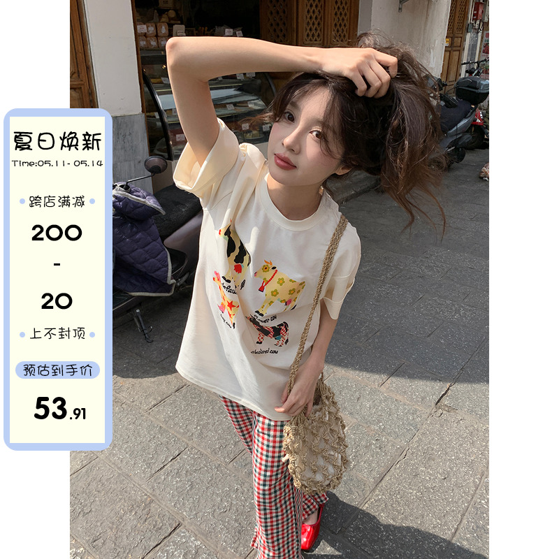 馨帮帮 上衣设计感小众2024韩版甜酷卡通奶牛印花短袖T恤女夏季