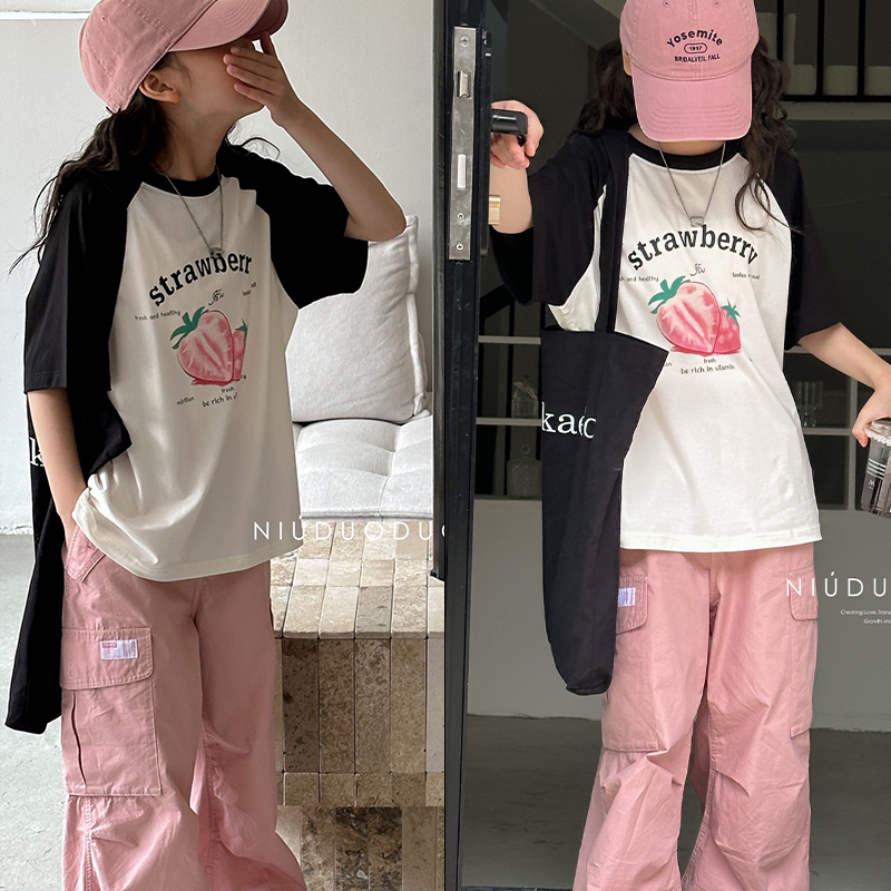 牛哆哆童装2024夏季新女童韩版卡通草莓印花时尚短袖T恤上衣63375
