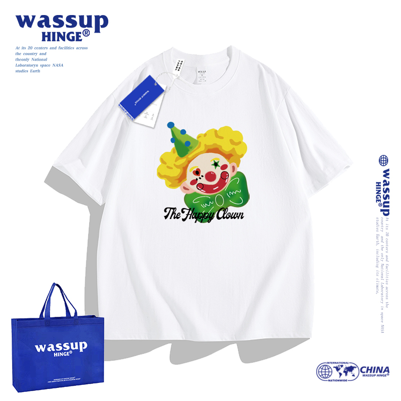 WASSUP HINGE小丑头像T恤短袖男女夏季宽松大码纯棉美式潮牌体恤