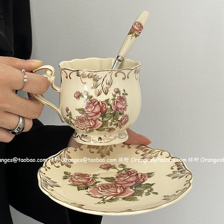 美式乡村复古下午茶杯碟配勺套装vintage欧式宫廷风咖啡杯碟礼物