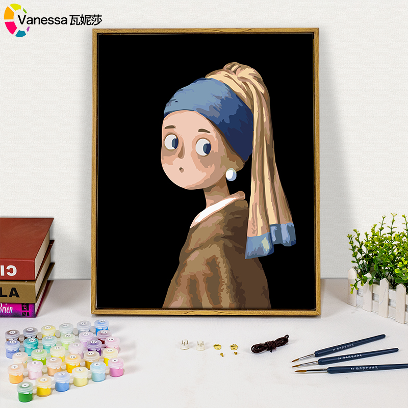 diy数字油画卡通动漫Q版蒙娜丽莎戴珍珠耳环的少女手工填充油彩画