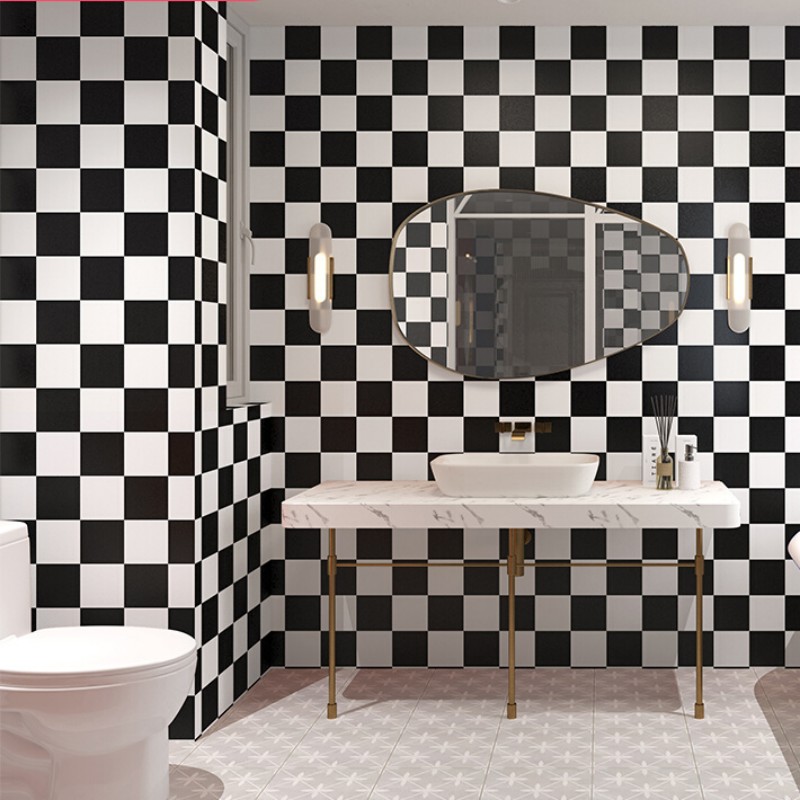 浴室卫生间墙面遮丑改色贴纸纯色自粘防水防潮黑白格棋盘格子壁纸