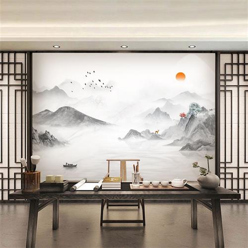 新款5d新中式电视背景墙壁纸家用客厅山水画墙纸壁布影视墙布水墨