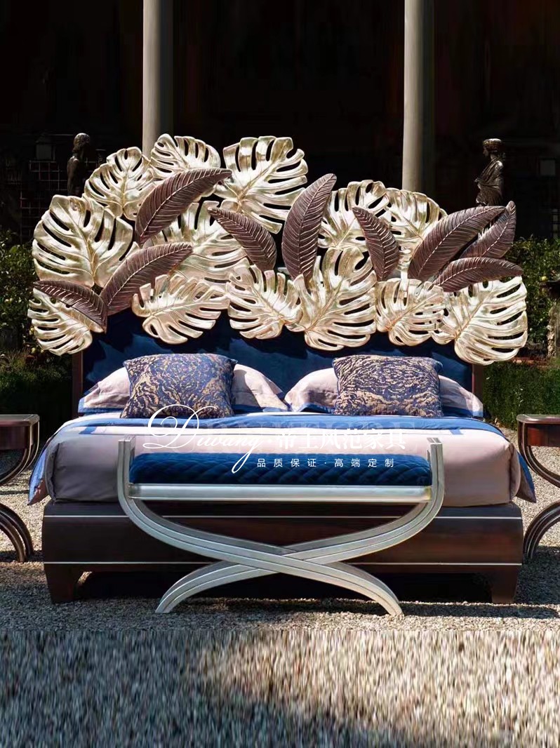 法式新古典实木雕花双人床设计师艺术树叶花卉欧式奢华婚床公主床