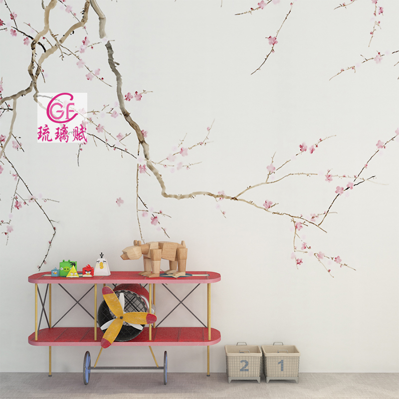 琉璃赋壁画新中式樱桃花水墨国画山水中国风壁纸客厅书房背景墙纸