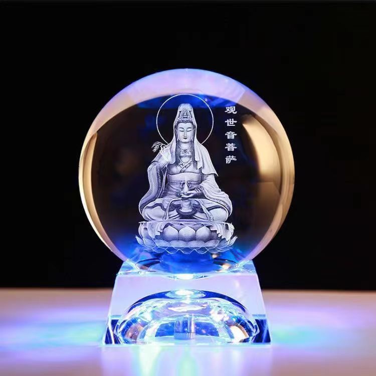 3D立体发光供奉水晶佛像礼品文殊观世音普贤地藏王菩萨水晶球摆件