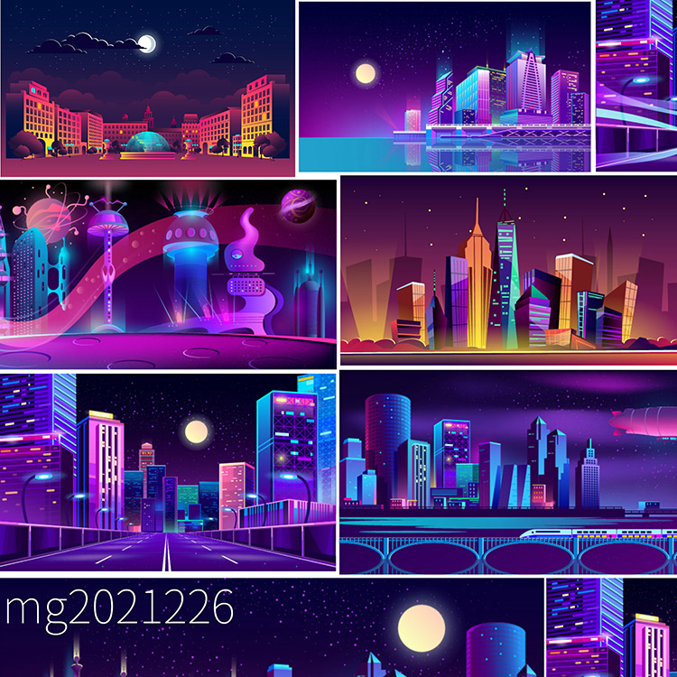 未来科技科幻霓虹灯渐变绚丽城市建筑夜景灯光插画AI/eps设计素材