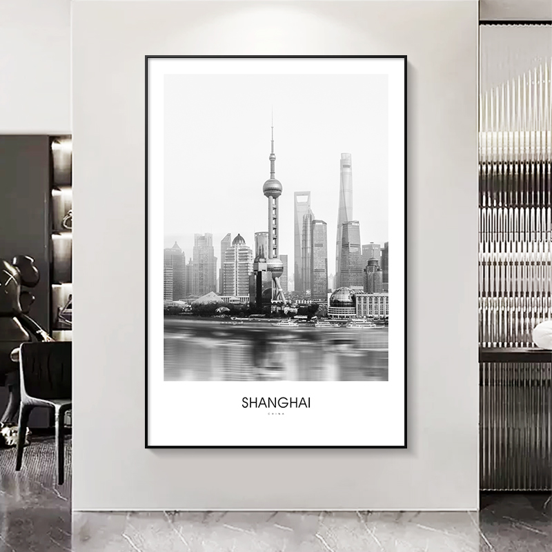 装饰画城市建筑上海黑白艺术风景摄影创意现代简约客厅定制壁挂画