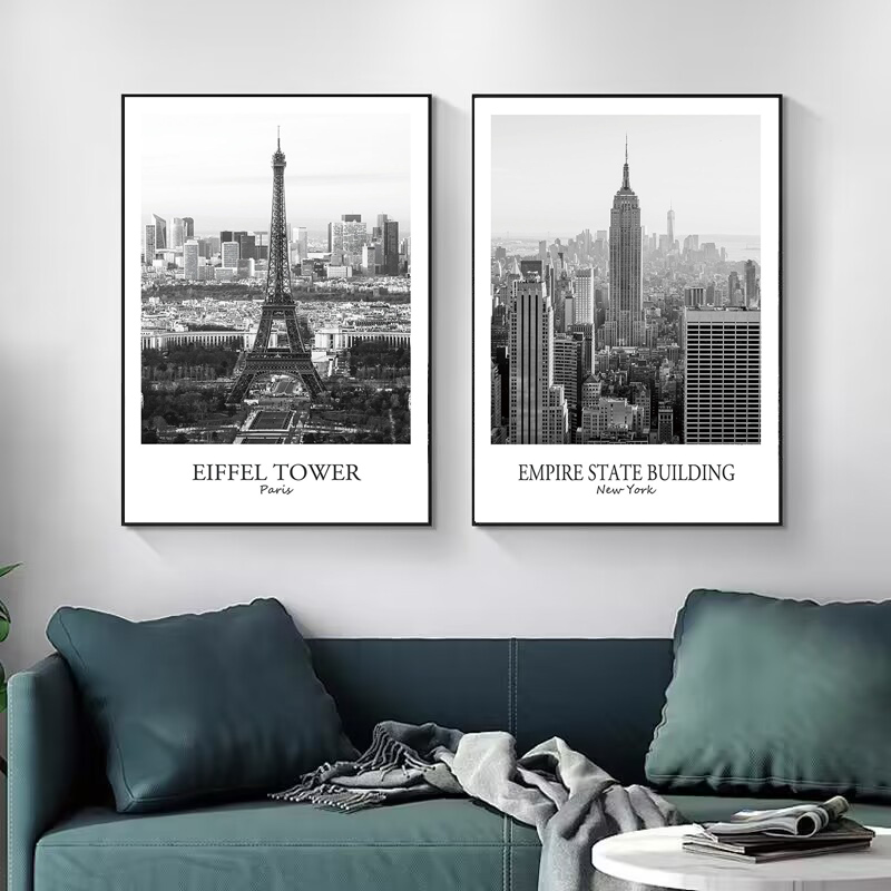 建筑风景黑白装饰画巴黎埃菲尔铁塔伦敦纽约城市海报挂画现代轻奢
