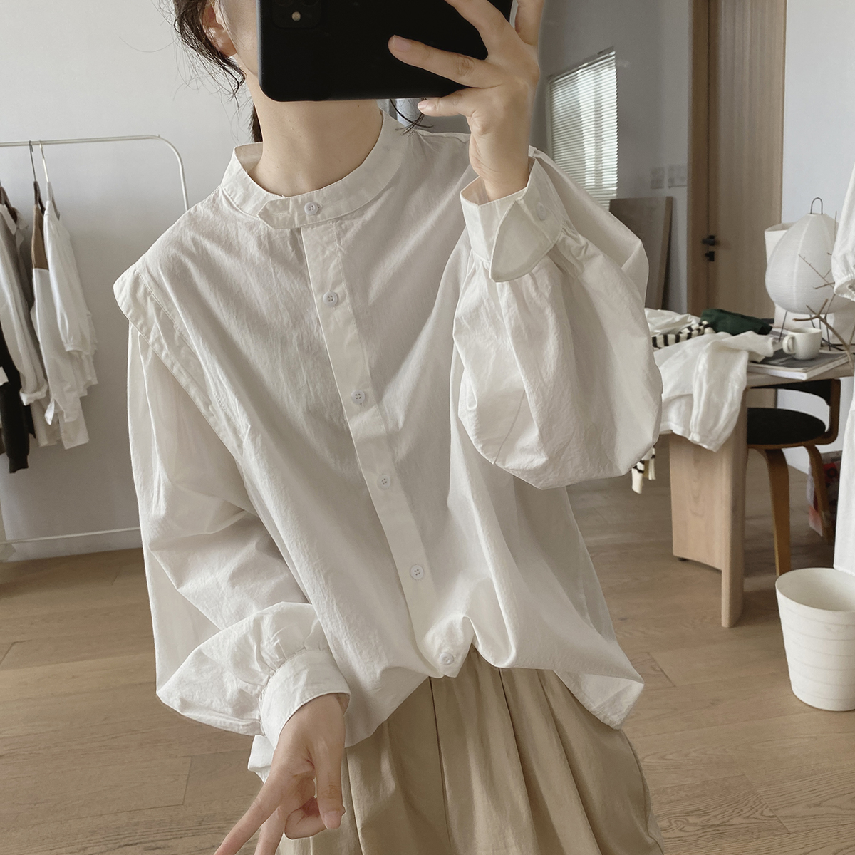 半高领衬衫女春秋季新款宽松显瘦减龄韩版长袖小众设计感棉质上衣