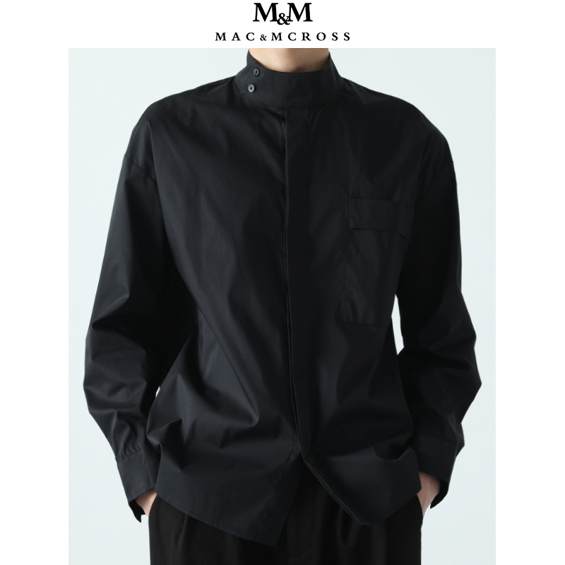 MM黑色立领衬衫春夏季原创设计无性别穿搭简约宽松外穿高领衬衣