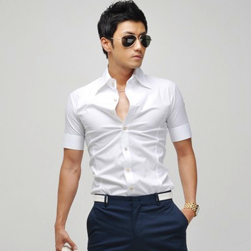 韩版修身纯色短袖衬衫男时尚收腰小高领夏季白色商务休闲免烫衬衣