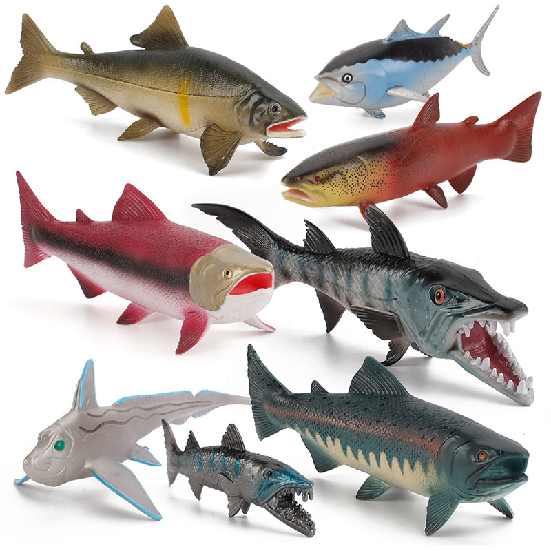 仿真海洋海水鱼模型海鲜玩具金枪鱼三文狼鱼银鲛儿童认知鱼缸摆件