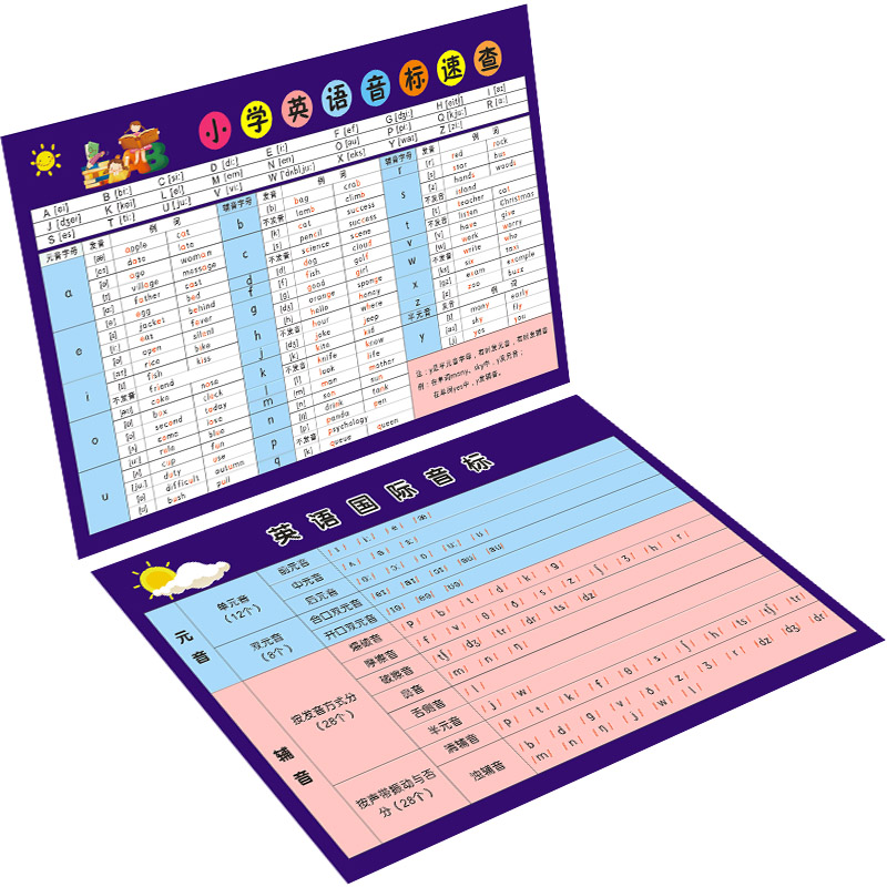 中小学英语国际音标卡片48个元音辅音单词自然拼读规则表知识学习