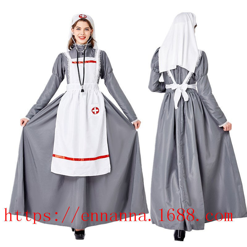 万圣节新款角色扮演白衣天使医生护士装中世纪欧美复古长裙