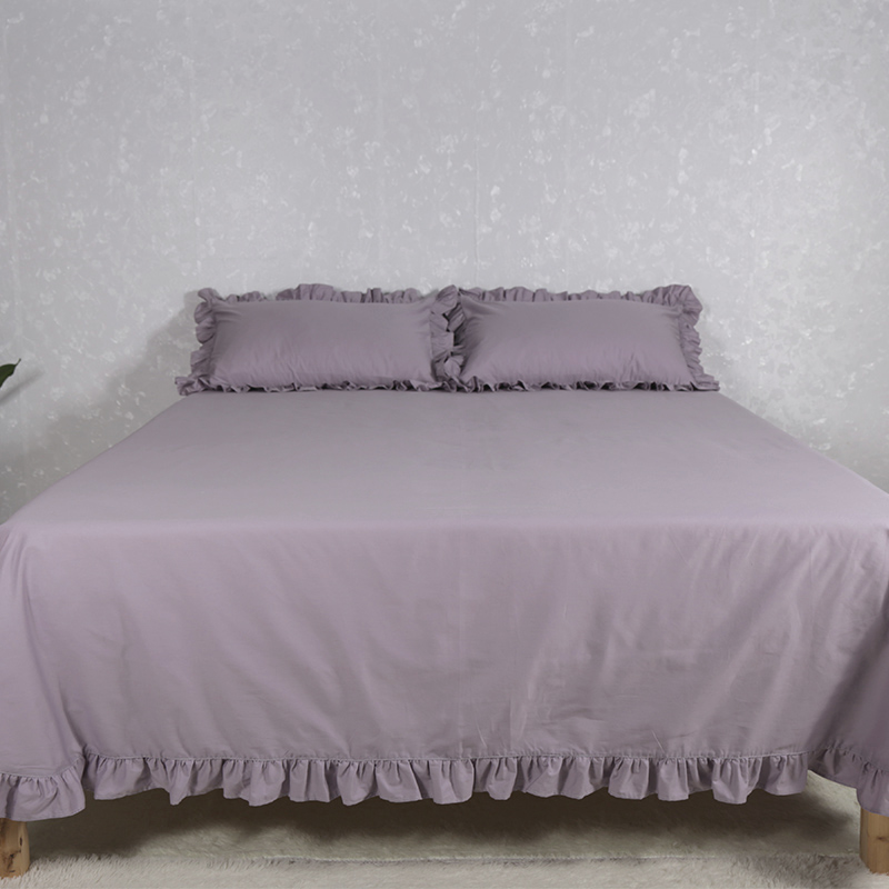 紫色床单单件纯棉高端纯色加大100全棉带花边荷叶边2米床被单枕套