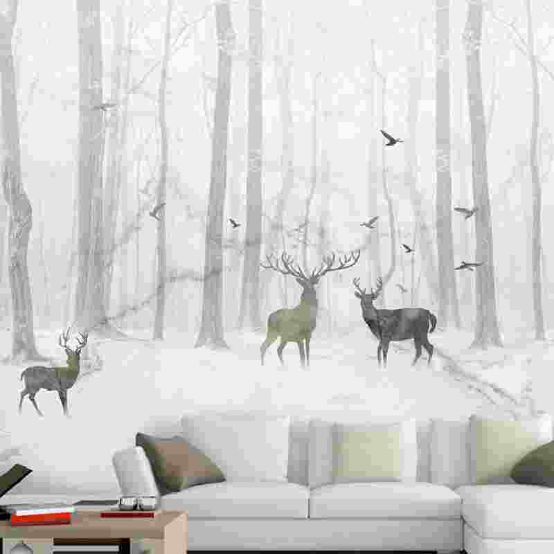 抽象黑白森林麋鹿壁画客厅卧室沙发电视背景墙纸北欧田园餐厅壁纸