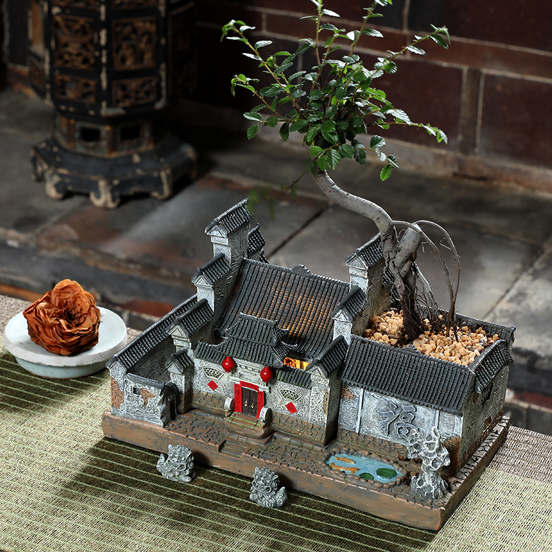 中式徽派建筑模型文竹盆景植物桌面盆栽微景观造景微缩老房子摆件