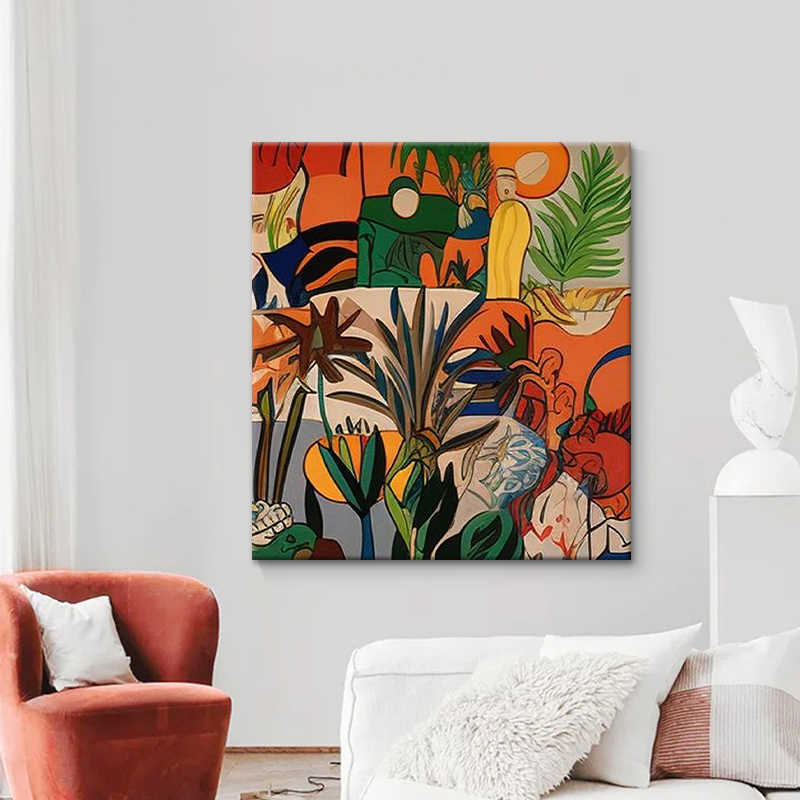 美式抽象植物纯手绘油画卡通彩色小众艺术装饰画客厅玄关丙烯挂画